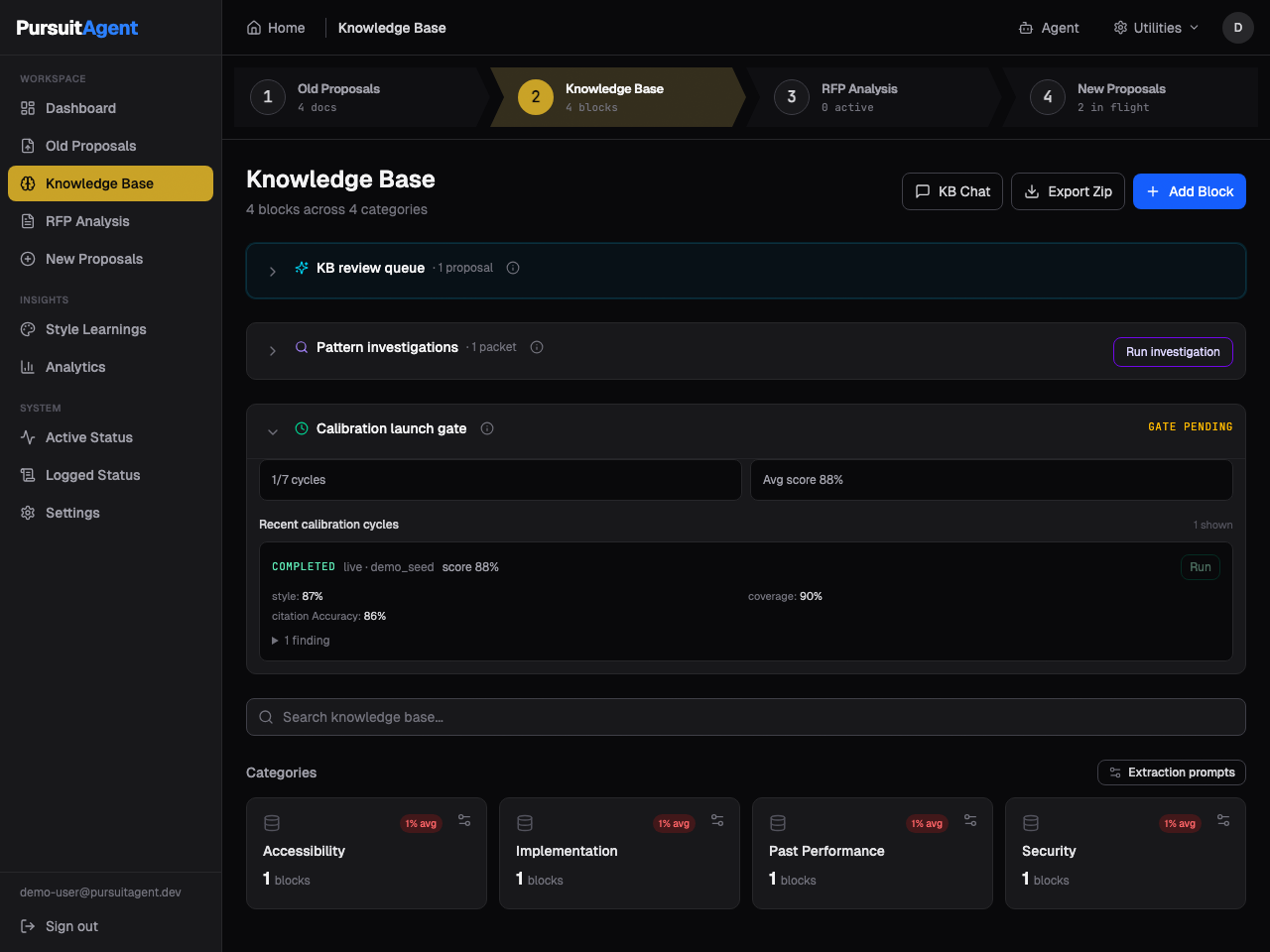 PursuitAgent knowledge base page with reusable proposal resources